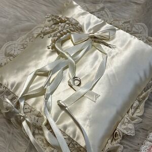 Vintage Wedding Satin Ivory Ring Bearer Pillow Floral Lace & Handmade Garter Set